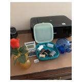 TWO ROUND VASES, PIGGY BANK, SHOELACES AND THREAD