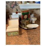 LAZY SUSAN WITH GLASS WARE AND THREE RECIPE BOXES