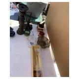 CANDLE HOLDERS, FANCY CARVING SET ETCETERA