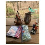 BRASS AND GLASS TERRARIUM, PEWTER PITCHER, VASE