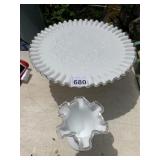 MILK GLASS PEDESTAL PLATE, RUFFLE EDGE DISH