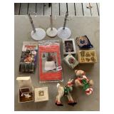 CHRISTMAS ORNAMENTS, TREE BAG, DOLL STANDS, ETC.