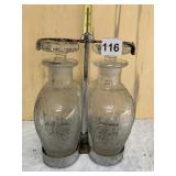 ANTIQUE RYE AND SCOTCH ETCHED GLASS DECANTERS IN