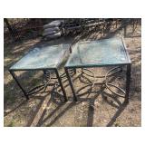 PAIR OF MATCHING BLACK METAL AND GLASS END TABLES