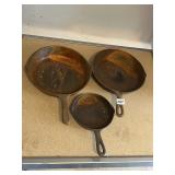 CAST IRON PANS, 8, 3 AND ONE MARKED 10.5" SKILLET