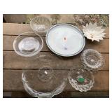 VARIOUS SERVING PIECES, DEPRESSION GLASS, ETC.