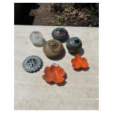 POTTERY OIL LAMPS SIGNED ON BOTTOM, GLASS OIL