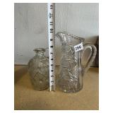 GLASS CRUET AND 10" CUT GLASS PITCHER