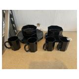 BLACK GLASS LUNCH SET, 4 PLATES, BOWLS, MUGS,