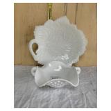 MILK GLASS LEAF DISH WITH CRACK IN HANDLE AND