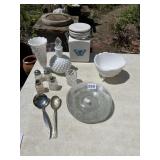 MILK GLASS VASE, FOOTED BOWL, BUTTERFLY CANISTER,