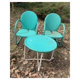 2 PAINTED METAL CHAIRS AND MATCHING SIDE TABLE,