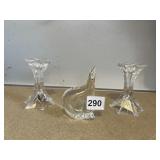 ART GLASS BEAR AND MIKASA CRYSTAL CANDLE HOLDERS