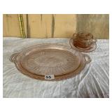 OVAL PINK DEPRESSION GLASS PLATTER AND SUGAR BOWL