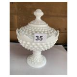 MILK GLASS HOBNAIL COVERED FOOTED CANDY DISH