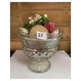 GLASS FOOTED FRUIT BOWL WITH WOODEN AND PLASTIC