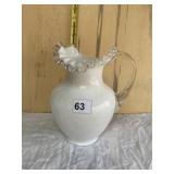 MILK GLASS PITCHER WITH CLEAR GLASS RUFFLED RIM