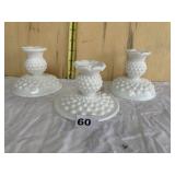 3 HOBNAIL MILK GLASS CANDLE HOLDERS