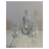 ETCHED DECANTER TALL 15" H W/ 6 WINE GLASSES
