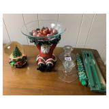 SANTA WITH BOWL OF ORNAMENTS, TREE SNOW GLOBE,