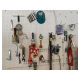 CONTENTS OF PEG BOARD, PAINT BRUSHES, WRENCHES,
