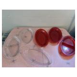 SIX RED & CLEAR PLASTIC SERVING TRAYS