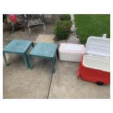 TWO PLASTIC END TABLES 20X17, COLEMAN COOLER ON