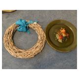 LARGE TIN FRUIT PICTURE/TRAY AND DRIFTWOOD WREATH