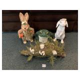SPRING RESIN BUNNIES & FROG W/MOSS CANDLE HOLDER