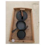WOODEN SERVING TRAY W/RACK, TWO SMALL CAST IRON