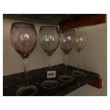 SET OF FOUR ETCHED MULTI COLOR WINE GLASSES