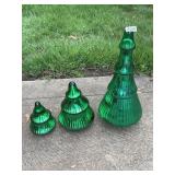 3 GREEN GLASS CHRISTMAS TREES