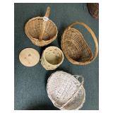 PLANTER, ONE LIDDED BASKET AND 3 HANDLED BASKETS