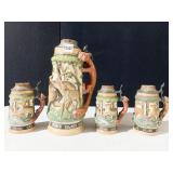 GERMAN STEIN SET 1 LARGE 3 SMALL, LARGE 1 TOP