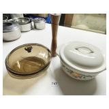 CORELLE CASSEROLE DISHES W/LIDS & PEPPER GRINDER