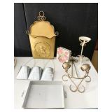 TIN WALL HANGINGS, METAL TRAY AND TWO CANDLE