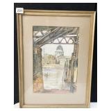 WATERCOLOR BY GERALD LIPMAN, WATER AND CITY SCENE