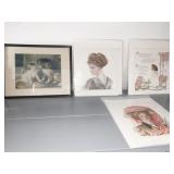 VICTORIAN PRINTS UNFRAMED AND GIRL W/DOG FRAMED