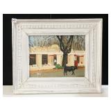 PAINTING BY M HOLLOWAY STREET SCENE WITH DOG &