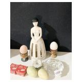 MARBLE EGGS, TWO EGG CUPS, VOTIVE CANDLE HOLDER