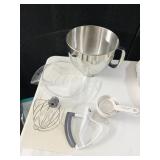 KITCHEN AID MIXER BOWL, WHIP, PADDLE, MEASURING