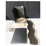 TWO FOLDERS, SILVER TONED PLATE, BUTTONS, ETC.