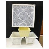 THREE TIN PLANTERS AND ABSTRACT WALL HANGING