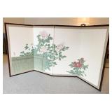 4 PANEL JAPANESE SCREEN "PEONIES AND BAMBOO FENCE