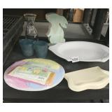 PIG PLATTER, BLUE GLASSES, EASTER DECORATIONS,