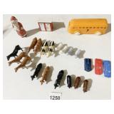 PLASTIC ANIMALS, CARS, BUS, OUTHOUSE