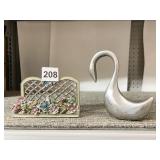 METAL SWAN SIGNED, BUTTERFLY NAPKIN HOLDER