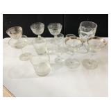 WINE GLASSES, SOME ETCHED, SOME WITH GOLD RIMS,
