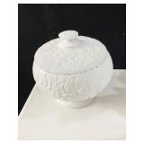 MILK GLASS MAPLE LEAF COVERED DISH 7.5" H, SMALL