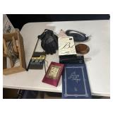 STAPLER, GLOVES, SILVER PLATE TRAY, ETC.